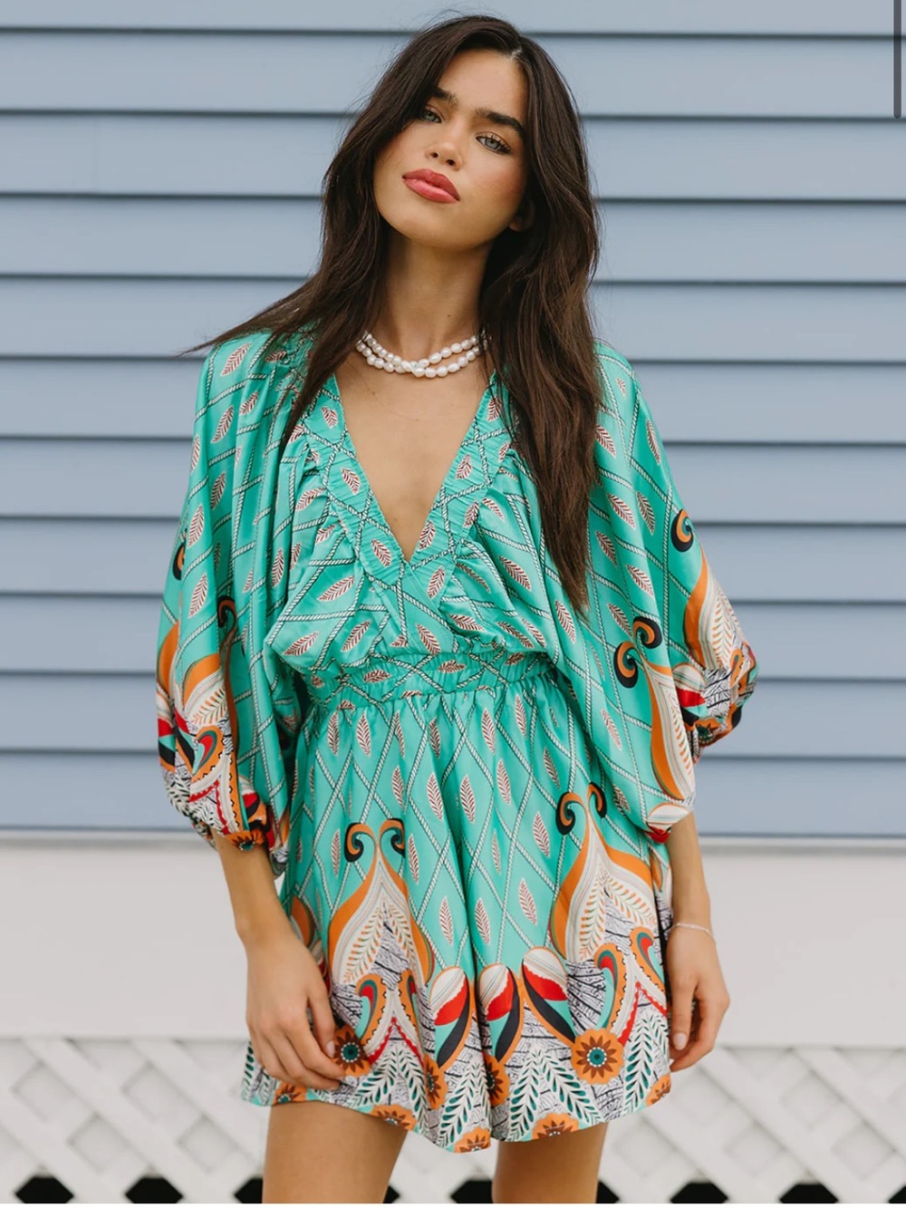 NWT Meet Me In Santorini Feather Teal Romper Size Medium